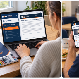 Illustrative preview of SJB Foundation study on a laptop with a workbook, and a mobile knowledge check during a lunch break
