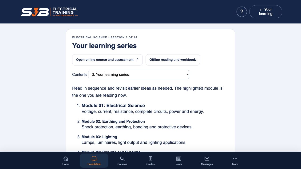 Foundation online reading and contents in the SJB Electrical Training app